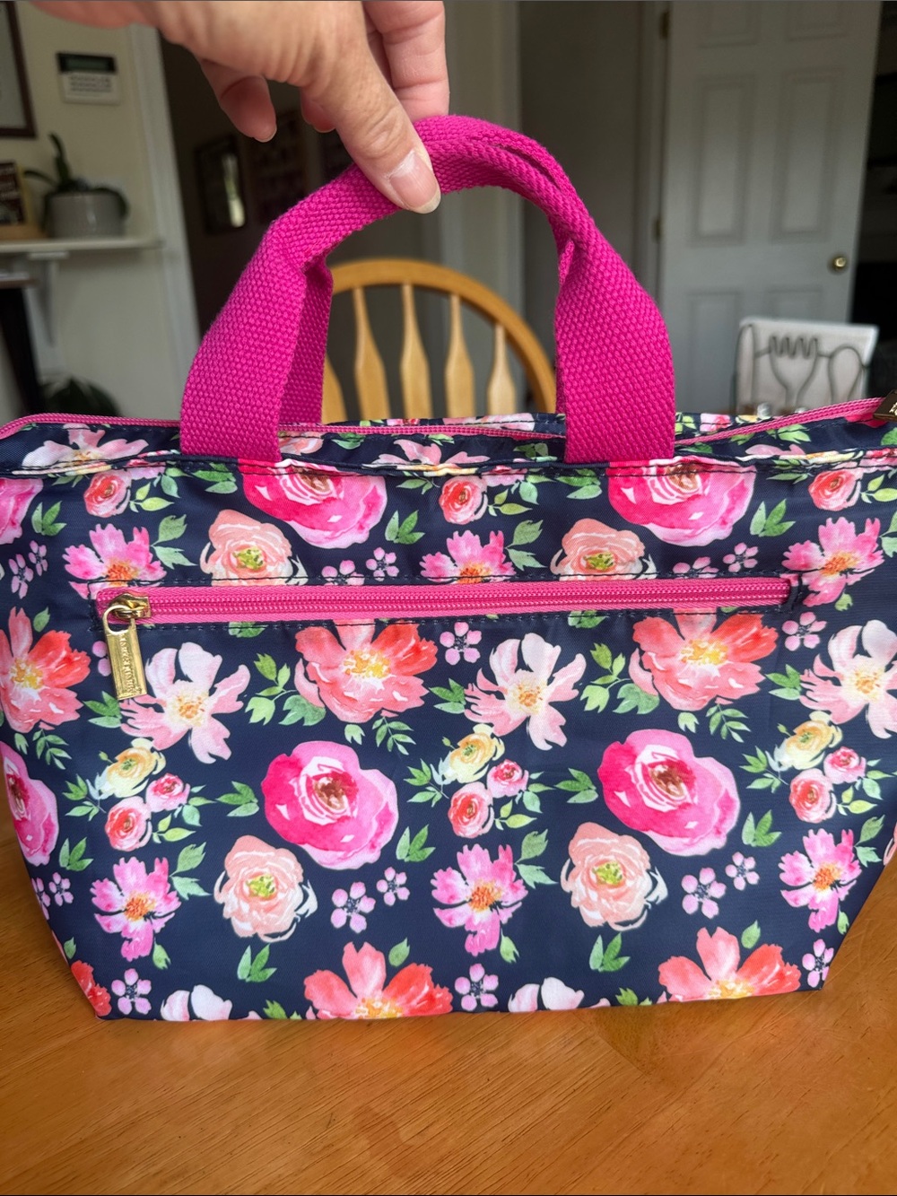 Mary Square Navy Floral Insulated Lunch Tote Bag with Pink Handles